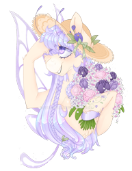 Size: 1280x1659 | Tagged: safe, artist:furtoodie, derpibooru import, oc, oc:dione, pony, antennae, deviantart watermark, female, flower, glimmer wings, hat, mare, obtrusive watermark, simple background, smiling, solo, transparent background, watermark, wings