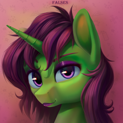 Size: 2000x2000 | Tagged: safe, artist:falses, derpibooru import, oc, oc only, oc:dolores, alicorn, pony, bedroom eyes, bust, eyebrows, eyelashes, eyes open, eyeshadow, horn, lidded eyes, lipstick, looking at each other, looking at someone, looking at you, makeup, portrait, raised eyebrow, shading, sketch, solo