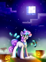 Size: 2508x3397 | Tagged: safe, artist:pozya1007, derpibooru import, sweetie belle, pony, unicorn, g4, diamond, don't mine at night, female, halloween, holiday, horn, jack-o-lantern, jewelry, magic, minecraft, moon, night, pickaxe, pumpkin, solo, telekinesis