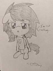 Size: 3072x4080 | Tagged: safe, artist:craftycirclepony, derpibooru import, oc, oc only, oc:anon filly, earth pony, pony, apron, clothes, dialogue, ears, female, filly, floppy ears, foal, frown, heart, looking at you, pencil drawing, sitting, solo, traditional art, upset