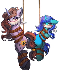 Size: 3508x4539 | Tagged: safe, artist:chaosangeldesu, derpibooru import, oc, oc only, oc:amberlue, alicorn, pony, unicorn, bondage, bound and gagged, cloth gag, commission, duo, duo female, female, gag, horn, oc x oc, over the nose gag, rope, rope bondage, ropes, shipping, suspended, suspension bondage, tied, tied up