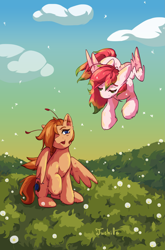 Size: 2873x4340 | Tagged: safe, artist:ju4111a, derpibooru import, oc, oc:chise, oc:svatya, fluffy pony, pegasus, pony, antennae, chest fluff, cloud, colored eyebrows, colored eyelashes, colored wings, dandelion, duo, ear fluff, ears, field, flower, flowing mane, flowing tail, flying, gradient mane, hoof fluff, looking at each other, looking at someone, meadow, multicolored mane, nature, pegasus oc, pegasus wings, raised hoof, raised leg, scar, seeds, sitting, smiling, smiling at each other, tail, two toned wings, wind, windswept mane, wings