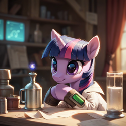 Size: 1024x1024 | Tagged: safe, ai content, derpibooru import, generator:pony diffusion v6 xl, generator:stable diffusion, machine learning generated, twilight sparkle, alicorn, pony, unicorn, g4, horn, laboratory, magic, prompter:teonanakatle, solo