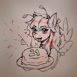 Size: 2700x2700 | Tagged: safe, artist:moewwur, artist:rin-mandarin, derpibooru import, oc, oc only, oc:chise, pegasus, pony, antennae, birthday, cake, food, green eyes, solo, tendrils, traditional art, wings