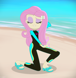 Size: 4075x4208 | Tagged: safe, artist:stephen-fisher, derpibooru import, fluttershy, human, better together, equestria girls, g4, i'm on a yacht, beach, eyes closed, female, fluttershy's wetsuit, ocean, pose, sandals, smiling, solo, water, wetsuit