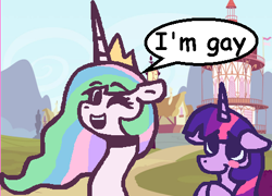 Size: 458x329 | Tagged: safe, artist:rosa ushiromiya, derpibooru import, princess celestia, twilight sparkle, alicorn, pony, g4, digital art, duo, duo female, female, implied lesbian, implied shipping, implied twilestia, lesbian, mare, ponyville, speech bubble