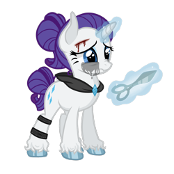 Size: 1440x1440 | Tagged: safe, artist:6hellboy9, derpibooru import, rarity, pony, unicorn, g4, blood, crying, female, horn, infection au, magic, mare, redesign, sad, scissors, simple background, solo, transparent background