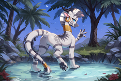 Size: 4536x3024 | Tagged: safe, ai content, derpibooru import, machine learning generated, zecora, dracony, dragon, hybrid, g4, butt, female, night, outdoors, paws, prompter:pzkratzer, solo, species swap, underpaw