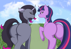 Size: 2900x2000 | Tagged: safe, artist:anix_space, derpibooru exclusive, derpibooru import, oleander, twilight sparkle, pony, unicorn, them's fightin' herds, g4, butt, community related, dock, duo, female, frown, horn, mare, oleanderriere, plot, road, sky, tail, tongue, tongue out, twibutt