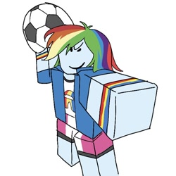 Size: 736x735 | Tagged: artist needed, source needed, safe, derpibooru import, rainbow dash, human, equestria girls, g4, amogus, among us, baller, blue skin, bracelet, clothes, confident, dreamworks face, female, football, holding, jacket, jewelry, meme, multicolored hair, ponified, ponified meme, rainbow hair, raised arm, roblox, shirt, shorts, smug, sports, style emulation, t-shirt, throwing, wristband