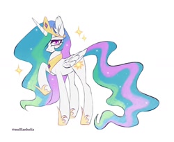 Size: 1280x1050 | Tagged: safe, artist:mellanholia, derpibooru import, princess celestia, alicorn, pony, female, hair over one eye, looking at you, mare, raised hoof, raised leg, solo, sparkles