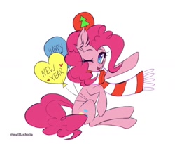 Size: 1280x1050 | Tagged: safe, artist:mellanholia, derpibooru import, pinkie pie, earth pony, pony, balloon, clothes, looking at you, one eye closed, scarf, simple background, sitting, solo, waving, waving at you, white background, wink, winking at you