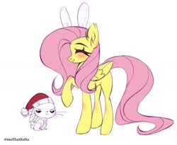 Size: 1280x1050 | Tagged: safe, artist:mellanholia, derpibooru import, angel bunny, fluttershy, pegasus, pony, rabbit, angel bunny is not amused, animal, blushing, bunny ears, christmas, ear fluff, ears, hat, holiday, raised hoof, raised leg, santa hat, simple background, smiling, unamused, white background