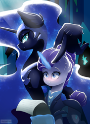 Size: 4000x5500 | Tagged: safe, artist:natanvok, derpibooru import, nightmare moon, rarity, alicorn, pony, unicorn, g4, alternate hairstyle, alternate timeline, duo, duo female, ear fluff, ears, fangs, feather fingers, female, glowing, glowing horn, horn, levitation, magic, magic aura, night maid rarity, nightmare takeover timeline, slit eyes, telekinesis, wing hands, wings