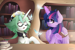 Size: 6000x4000 | Tagged: safe, artist:natanvok, derpibooru import, twilight sparkle, twilight sparkle (alicorn), alicorn, pony, unicorn, g4, book, bookshelf, duo, duo female, ear fluff, ears, eyebrows, eyebrows visible through hair, female, genshin impact, glowing, glowing horn, golden oaks library, horn, indoors, levitation, magic, magic aura, mare, open mouth, ponified, species swap, sucrose (genshin impact), telekinesis