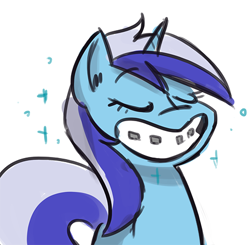 Size: 482x473 | Tagged: safe, artist:anonymous, derpibooru import, minuette, pony, unicorn, g4, big grin, braces, colored, drawthread, eyebrows, eyebrows visible through hair, eyes closed, female, grin, horn, mare, requested art, simple background, smiling, solo