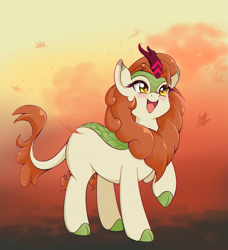 Size: 2411x2641 | Tagged: safe, artist:ravenirik, derpibooru import, autumn blaze, kirin, g4, autumn, awwtumn blaze, cloven hooves, cute, falling leaves, female, leaves, open mouth, open smile, smiling, solo