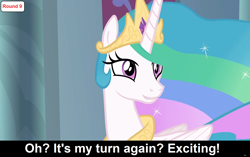 Size: 1920x1206 | Tagged: safe, derpibooru import, edit, edited screencap, screencap, princess celestia, alicorn, pony, comic:celestia's servant interview, g4, horse play, season 8, caption, cs captions, female, image macro, interview, jewelry, lip bite, mare, my little pony: friendship is magic, regalia, solo, text