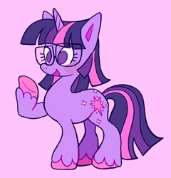 Size: 1968x2048 | Tagged: safe, artist:alexbeeza, derpibooru import, twilight sparkle, unicorn twilight, pony, unicorn, g4, alternate design, bangs, big eyes, blushing, colored, colored hooves, colored pinnae, cute, eyelashes, female, flat colors, glasses, hooves, horn, mare, no catchlights, no pupils, open mouth, open smile, pink background, pink hooves, purple coat, purple eyes, raised hoof, raised leg, shaggy mane, simple background, smiling, solo, standing, standing on three hooves, straight mane, straight tail, three quarter view, three toned mane, three toned tail, twiabetes, underhoof, unicorn horn, unshorn fetlocks