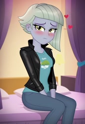 Size: 832x1216 | Tagged: safe, ai content, derpibooru import, machine learning generated, limestone pie, human, equestria girls, g4, bed, bedroom, blushing, clothes, curtains, denim, embarrassed, equestria girls-ified, female, flirting, heart, indoors, jacket, jeans, leather, leather jacket, looking at you, pants, prompter:nw th, shirt, solo, t-shirt