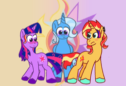 Size: 1048x720 | Tagged: safe, artist:zoeyhorse, derpibooru import, sunset shimmer, trixie, twilight sparkle, unicorn twilight, alicorn, pony, unicorn, fanfic:twilight's eclipse, alicornified, alternate universe, blushing, fanfic art, female, fusion, fusion:sunsetsparkle, gradient background, horn, lesbian, mare, polyamory, race swap, shipping, story included, sunsetsparkle, suntrix, suntwixie, trixiecorn, twixie