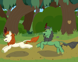 Size: 2000x1600 | Tagged: safe, artist:deej, derpibooru import, autumn blaze, oc, oc:anon kirin, oc:anon stallion, kirin, g4, canon x oc, cloven hooves, duo, duo male and female, female, forest, happy, male, nature, running, shipping, simple background, straight, tree, tree carving