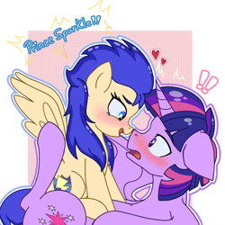 Size: 894x894 | Tagged: safe, artist:paracetamolnavo30, derpibooru import, dusk shine, flare warden, flash sentry, prince dusk, twilight sparkle, twilight sparkle (alicorn), alicorn, pegasus, pony, unicorn, blushing, boop, duo, female, flashlight, floating heart, heart, horn, male, noseboop, rule 63, ship:duskflare, shipping, straight