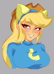 Size: 1169x1600 | Tagged: safe, artist:mett, derpibooru import, applejack, human, equestria girls, g4, applerack, blushing, breasts, bust, fake ears, female, freckles, gray background, grin, hat, lidded eyes, my little pony equestria girls, simple background, smiling, solo, wondercolts