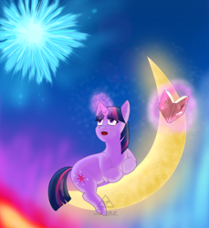 Size: 1100x1200 | Tagged: safe, artist:sinnedogot21, derpibooru import, twilight sparkle, unicorn twilight, pony, unicorn, g4, book, crescent moon, horn, magic, moon, sky, solo, tangible heavenly object, telekinesis