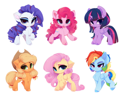 Size: 6102x4773 | Tagged: safe, artist:xsatanielx, derpibooru import, applejack, fluttershy, pinkie pie, rainbow dash, rarity, twilight sparkle, alicorn, earth pony, pegasus, pony, unicorn, chibi, horn, mane six, simple background, white background