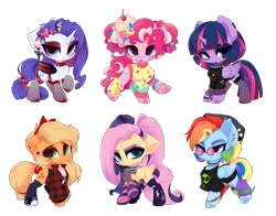 Size: 6102x4773 | Tagged: safe, artist:xsatanielx, derpibooru import, applejack, fluttershy, pinkie pie, rainbow dash, rarity, twilight sparkle, alicorn, earth pony, pegasus, pony, unicorn, chibi, clothes, horn, mane six, simple background, transparent background