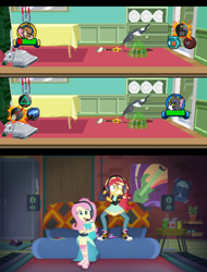 Size: 1280x1680 | Tagged: safe, artist:ardoplasma41, derpibooru import, edit, edited screencap, screencap, fluttershy, sunset shimmer, cat, mouse, better together, equestria girls, g4, game stream, bowling ball, broom, coal shovel, controller, exploitable meme, fish bowl, food, frying pan, game screencap, gamer sunset, gamershy, health bars, jelly, jerry mouse, life bar, low effort, meme, playstation, sunset shimmer frustrated at game, tom and jerry, tom and jerry in house trap, tom cat, vacuum cleaner