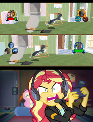 Size: 1280x1680 | Tagged: safe, artist:ardoplasma41, derpibooru import, edit, edited screencap, screencap, fluttershy, sunset shimmer, cat, mouse, better together, equestria girls, g4, game stream, bowling ball, broom, coal shovel, controller, fish bowl, frying pan, game screencap, gamer sunset, gamershy, ironing board, jerry mouse, playstation, sunset shimmer frustrated at game, tom and jerry, tom and jerry in house trap, tom cat, towel, washing machine