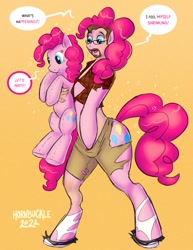 Size: 791x1024 | Tagged: safe, artist:hornbuckle, derpibooru import, pinkie pie, earth pony, human, pony, gradient background, holding, human to pony, male, plushie, solo, species swap, speech bubble, transformation