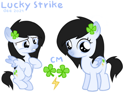 Size: 2048x1536 | Tagged: safe, artist:cloveryrhythm, derpibooru import, oc, oc only, oc:lucky strike, pegasus, pony, black mane, blue eyes, clover, colored wings, cute, cutie mark, female, filly, filly oc, flying, foal, gradient wings, lightning, raised hoof, raised leg, reference sheet, simple background, solo, solo female, wings