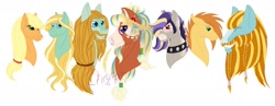 Size: 1280x498 | Tagged: safe, artist:vchart920, derpibooru import, applejack, rockhoof, oc, oc:apple pie, oc:baldr, oc:bronze craft, oc:iron empire, oc:witch hazel, earth pony, pony, g4, beard, blaze (coat marking), blue eyes, bonnet (coat marking), braid, braided beard, bust, choker, coat markings, colored pinnae, ear freckles, ear piercing, earring, eye clipping through hair, facial hair, facial markings, family, female, food, freckles, gradient mane, grin, jewelry, long hair, male, mare, missing accessory, nose piercing, nose ring, not zephyr breeze, offspring, parent:applejack, parent:rockhoof, parents:rockjack, piercing, ponytail, punk, purple eyes, red eyes, simple background, smiling, snip (coat marking), stallion, studded choker, wheat, white background