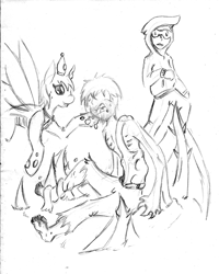 Size: 1054x1318 | Tagged: safe, artist:maxsilverfox, derpibooru import, oc, oc only, changeling, human, changeling oc, human to changeling, male, sitting, sketch, traditional art, transformation, transformation sequence