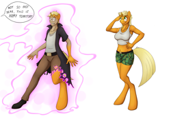 Size: 2600x1800 | Tagged: safe, artist:tomek1000, derpibooru import, oc, oc only, anthro, human, unguligrade anthro, unicorn, camouflage, clothes, female, glasses, high res, horn, human to anthro, magic, male, not applejack, offscreen character, salute, shorts, simple background, species swap, speech bubble, tanktop, transformation, transgender transformation, white background