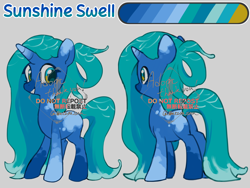 Size: 4096x3072 | Tagged: safe, artist:metaruscarlet, derpibooru import, oc, oc only, oc:sunshine swell, pony, unicorn, adoptable, gray background, horn, looking at you, obtrusive watermark, reference sheet, simple background, spotted, unicorn oc, watermark