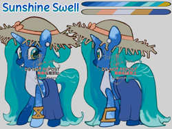 Size: 4096x3072 | Tagged: safe, artist:metaruscarlet, derpibooru import, oc, oc:sunshine swell, pony, unicorn, adoptable, bracelet, clothes, ear piercing, gray background, hat, horn, jewelry, looking at you, obtrusive watermark, piercing, reference sheet, ribbon, simple background, skirt, spotted, straw hat, unicorn oc, watermark