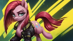 Size: 2560x1440 | Tagged: safe, ai content, derpibooru import, generator:pony diffusion v6 xl, generator:stable diffusion, machine learning generated, pinkie pie, earth pony, pony, g4, abstract background, clothes, cyberpunk, cyberpunk 2077, disdain, female, frown, jacket, lidded eyes, looking at you, mare, pinkamena diane pie, prompter:siber, raised hoof, raised leg, solo, walking, wallpaper