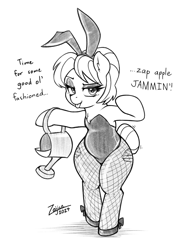 Size: 1569x2046 | Tagged: safe, artist:zajice, derpibooru import, granny smith, earth pony, pony, bipedal, bunny suit, clothes, female, fishnet clothing, fishnet stockings, grayscale, lidded eyes, mare, monochrome, signature, simple background, solo, stockings, talking to viewer, thigh highs, tongue, tongue out, watering can, white background, wide hips, young granny smith, younger