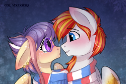 Size: 1800x1200 | Tagged: safe, artist:mrvhenanra, derpibooru import, oc, oc only, oc:cookie, oc:heartfire, pegasus, pony, clothes, duo, female, male, oc x oc, pegasus oc, scarf, shared clothing, shared scarf, shipping, straight, striped scarf