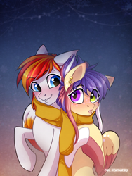 Size: 1200x1600 | Tagged: safe, artist:mrvhenanra, derpibooru import, oc, oc only, oc:cookie, oc:heartfire, pegasus, pony, clothes, duo, female, male, oc x oc, pegasus oc, scarf, shared clothing, shared scarf, shipping, straight