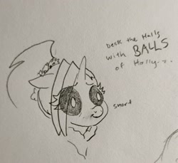 Size: 2134x1954 | Tagged: safe, artist:pony quarantine, derpibooru import, oc, oc only, oc:dyx, alicorn, pony, bust, christmas, dialogue, ears, eye clipping through hair, female, filly, floppy ears, foal, grayscale, holiday, monochrome, pencil drawing, snickering, solo, traditional art