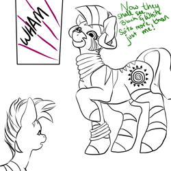 Size: 1200x1200 | Tagged: safe, artist:deathcap, derpibooru import, zecora, oc, oc:muziki, zebra, g4, dialogue, female, human to zebra, male, raised hoof, raised leg, rhyme, simple background, sketch, smiling, transformation, transformation sequence