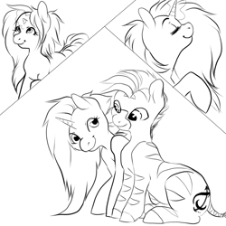 Size: 1000x1000 | Tagged: safe, artist:deathcap, derpibooru import, oc, oc only, oc:muziki, pony, unicorn, zebra, female, horn, human to pony, looking at each other, looking at someone, male, simple background, sitting, sketch, smiling, species swap, transformation, transformation sequence