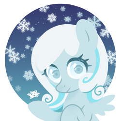 Size: 800x800 | Tagged: safe, artist:leslie, derpibooru import, oc, oc:snowdrop, pegasus, pony, circle background, female, filly, foal, gradient background, looking at you, simple background, smiling, snow, snowfall, solo, spread wings, upper body, white background, wings