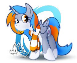 Size: 1003x827 | Tagged: safe, artist:ossilia flawol, derpibooru import, oc, oc only, oc:portal bump, alicorn, pony, g4, :p, alicorn oc, clothes, coat markings, companion cube, female, heterochromia, horn, looking at you, portal (valve), scarf, simple background, socks (coat marking), solo, tongue, tongue out, transparent background, wings