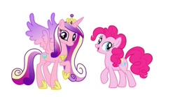 Size: 640x356 | Tagged: safe, artist:shucku, derpibooru import, pinkie pie, princess cadance, alicorn, earth pony, pony, g4, colored wings, crown, duo, duo female, female, gradient wings, jewelry, mare, open mouth, open smile, palette swap, peytral, raised hoof, raised leg, recolor, regalia, simple background, smiling, spread wings, white background, wings